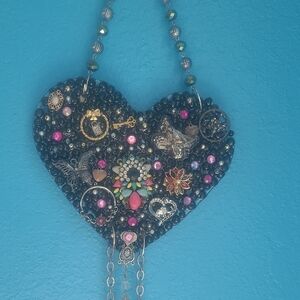 Embellished Mixed Media Heart Wall Hanging in Black and Pink